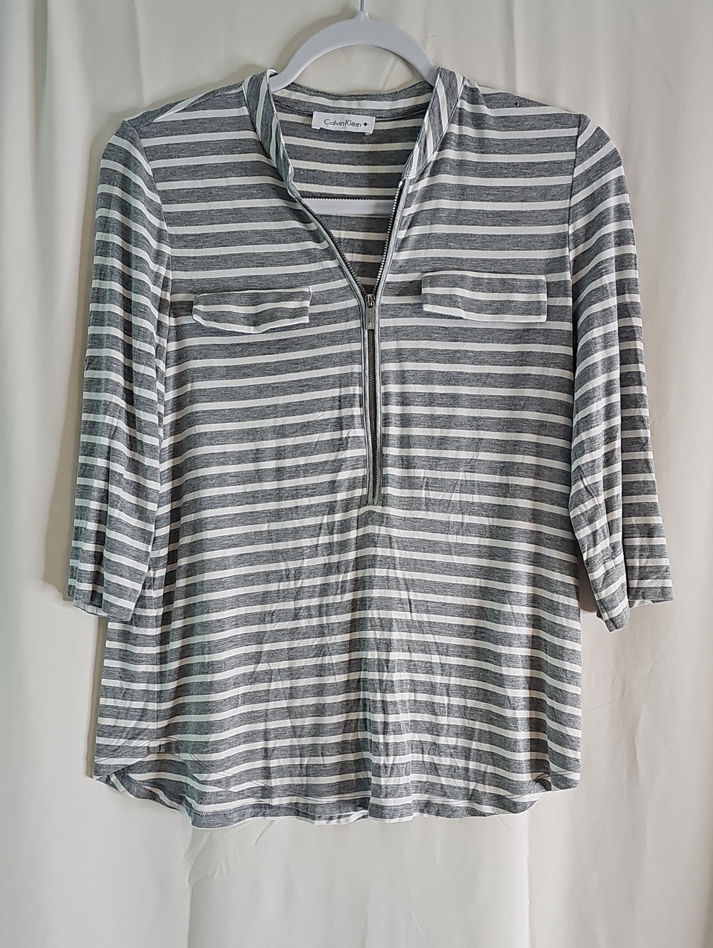 Calvin Klien  Gray & White Striped Half-Zip Top